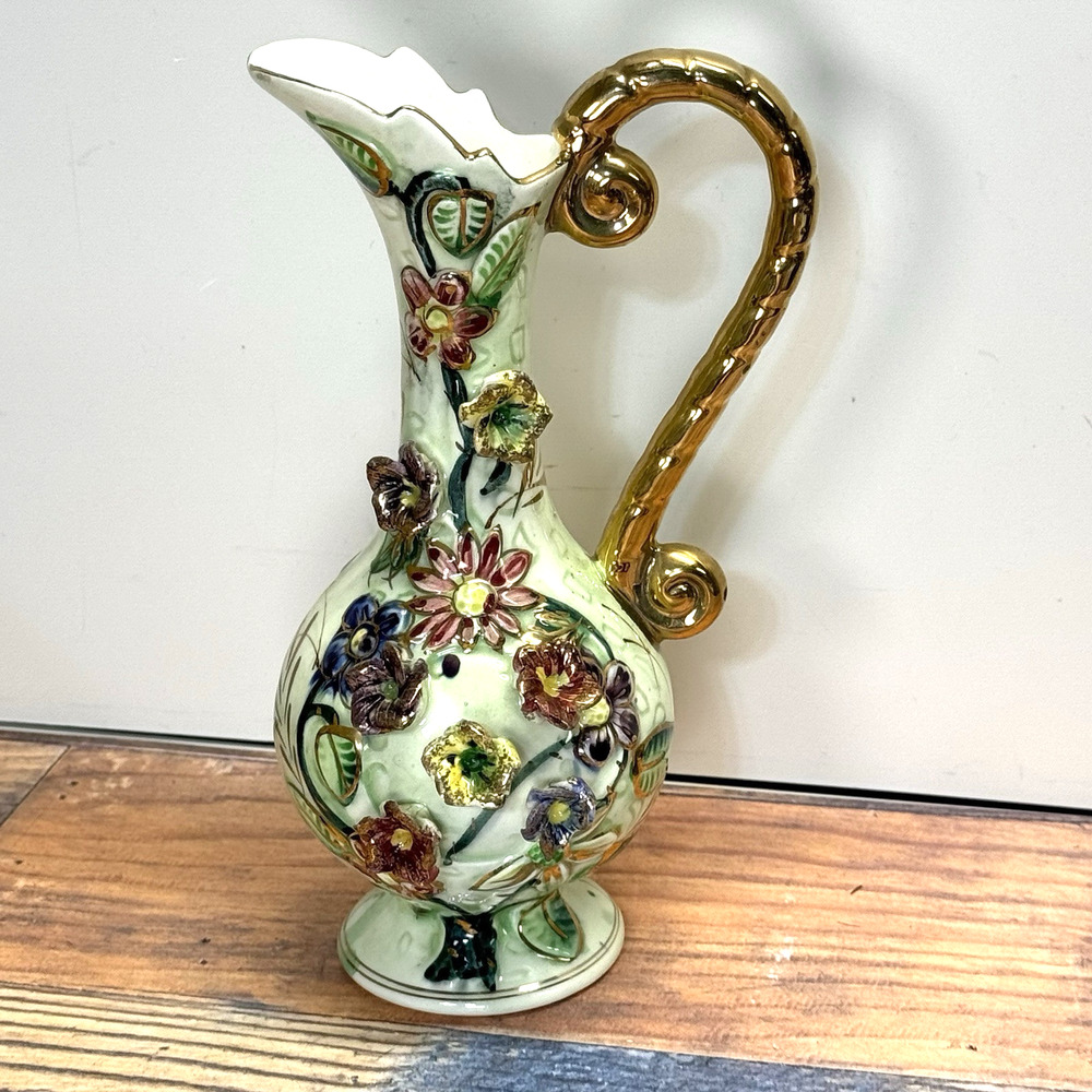Vtg West Pac Japan‎ Porcelain Hand Painted Gold Trim Floral Relief Vase Pitcher